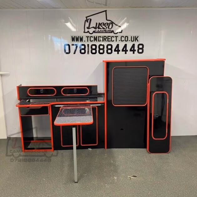 Ford Custom Vivaro Trafic Vito SWB Furniture kit Campervan Gloss Black &Red Trim