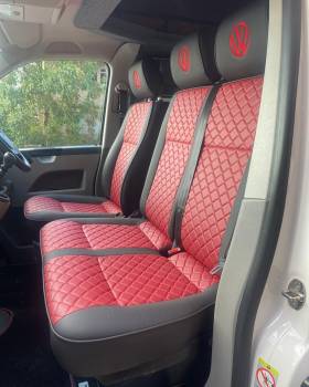 Red and black front seat upholstery