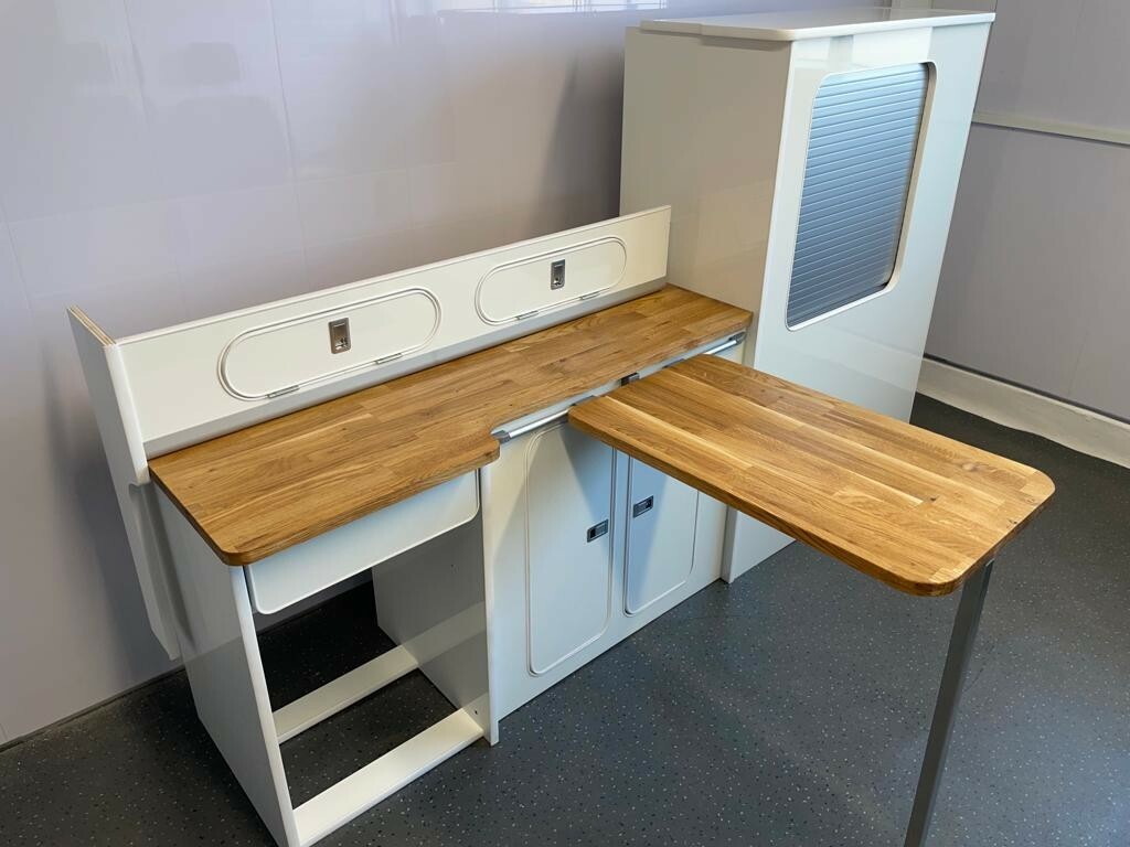Assembled Ford Custom Vivaro Trafic Vito SWB Furniture Camper Pod OAK worktop - Image 3