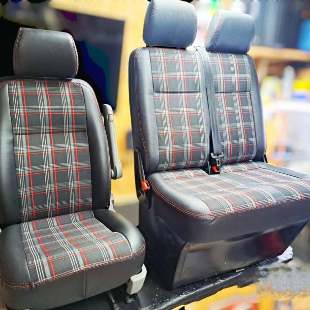 Premium VW T5 T6 Tartan Red GTI Style Fully Upholstered 2+1  Front Seats Piping