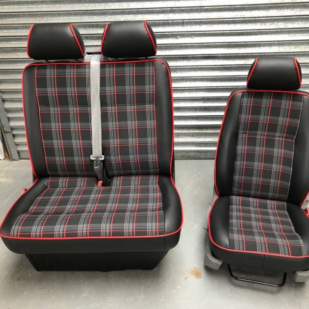 Premium VW T5 T6 Tartan Style Fully Upholstered 2+1 Matching Front Seats Piping