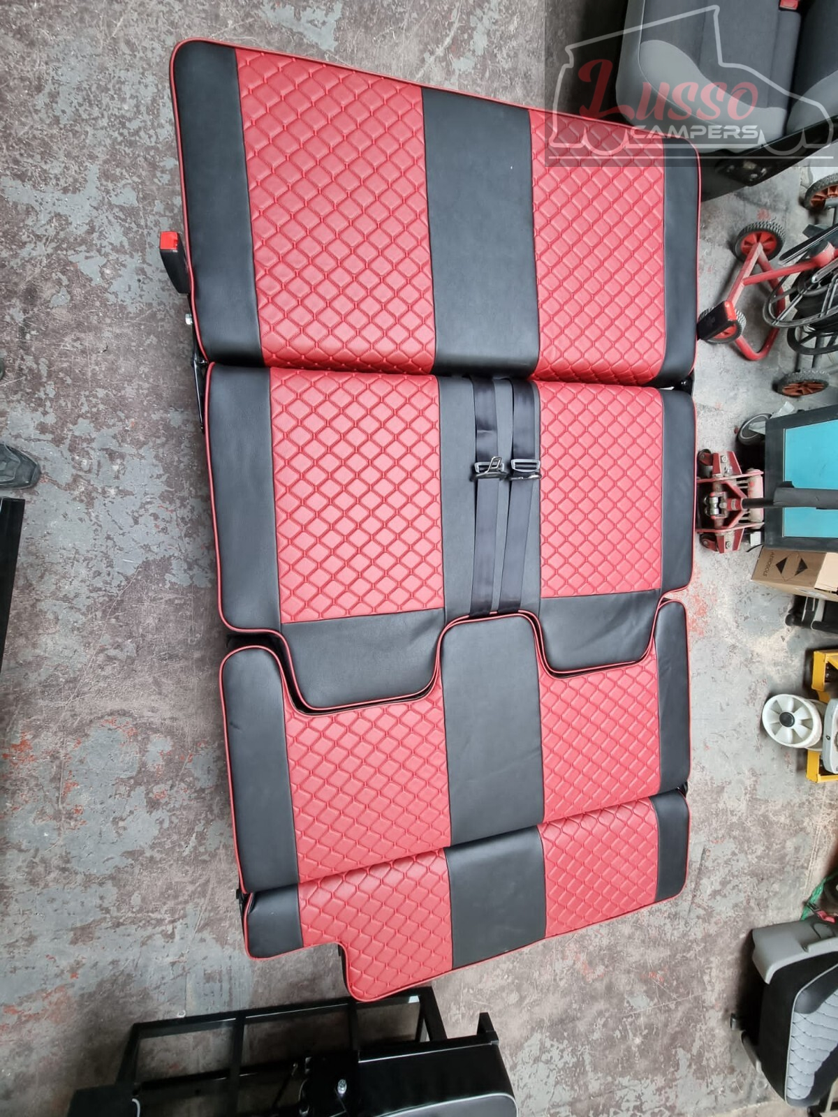 3/4 Rock & Roll Bed VW T4 T5 T6 Transit Vivaro Seatbelts Gas Strut Maroon& Black - Image 9