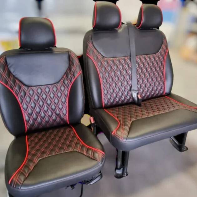 Black&Red Vauxhall Vivaro, Trafic Rock and Roll Bed Seatbelts & 2+1 Front Seats