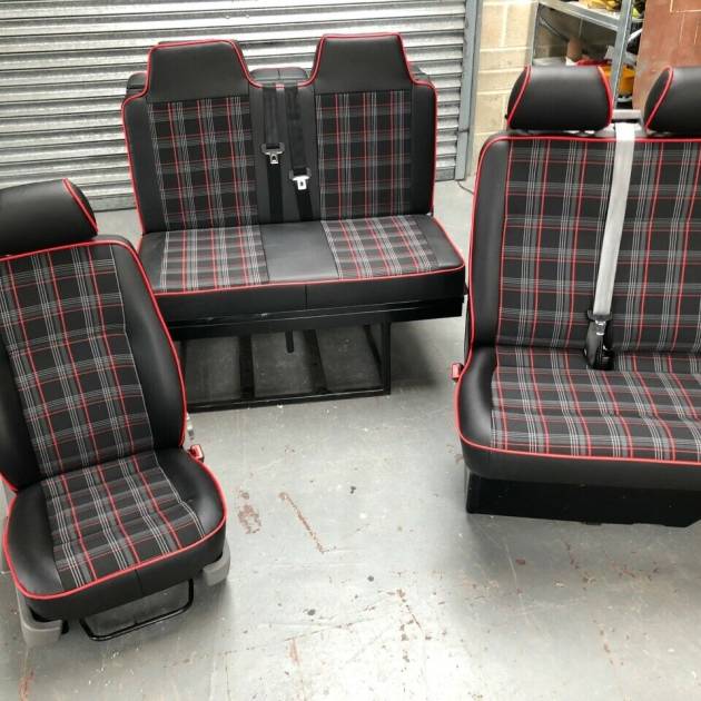VW T5 T6 Rock and Roll Bed Tartan Red Gas Assist Strut 2+1 Same Front Seat Set