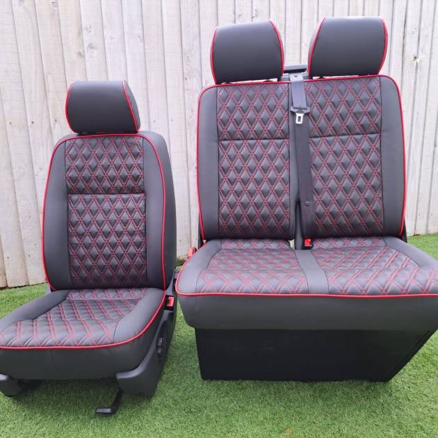 VW T5 T6 Rock and Roll Bed Seatbelts Gas Assist Strut 2+1 Front Seat Red Piping