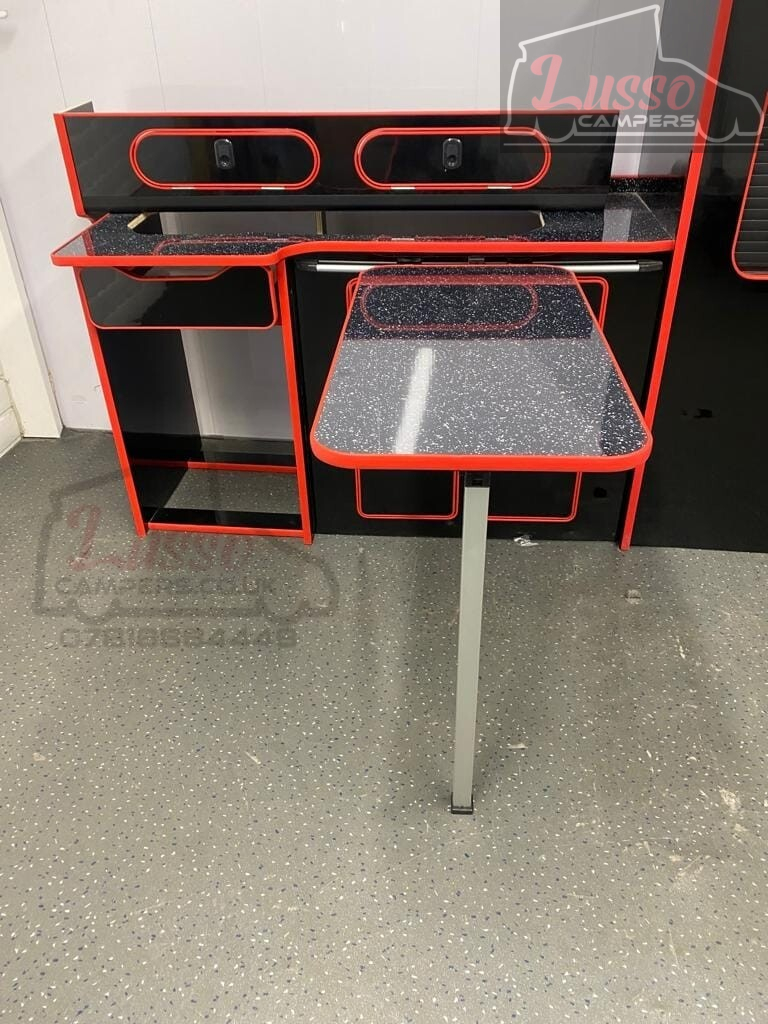 Ford Custom Vivaro Trafic Vito SWB Furniture kit Campervan Gloss Black &Red Trim - Image 5
